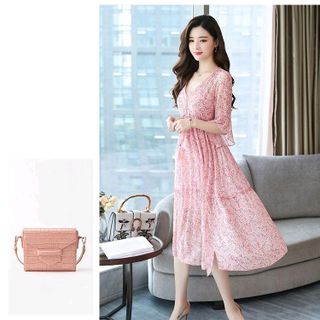 ĐẦM XÒE VOAN LỤA NHÚN EO TAY LOE IN HOA NHÍ ĐẦM  DÂY