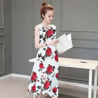 Đầm Maxi Hoa Hồng Nền Kem