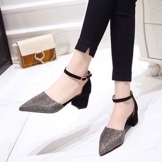 Giày gót vuông phối kim tuyến