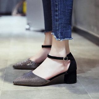Giày gót vuông phối kim tuyến