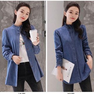 ÁO JEAN DENIM CỔ TRỤ VIỀN BÈO - DT595