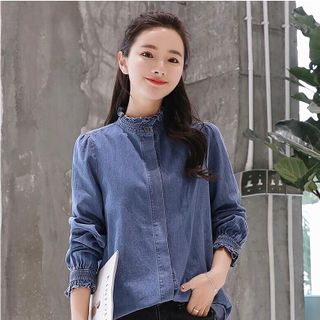 ÁO JEAN DENIM CỔ TRỤ VIỀN BÈO - DT595