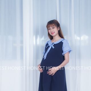 Đầm bầu họa tiết phối nơ