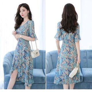 ĐẦM XOÈ HOẠ TIẾT LÁ NỀN XANH - D542