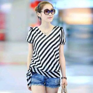 ÁO SỌC CỔ V THẮT NƠ BÊN EO