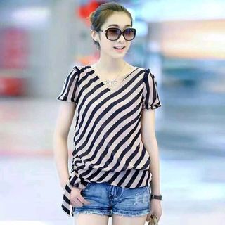 ÁO SỌC CỔ V THẮT NƠ BÊN EO