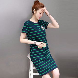 Đầm thun xanh đen kẻ sọc ngang in logo