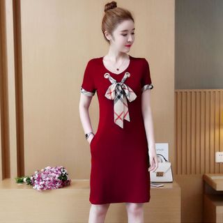 Đầm thun suông đỏ cột nơ viền tay
