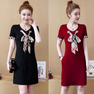 Đầm thun suông đỏ cột nơ viền tay