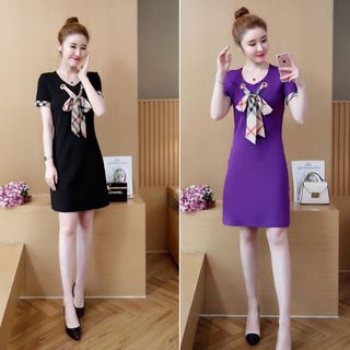 Đầm thun suông đỏ cột nơ viền tay