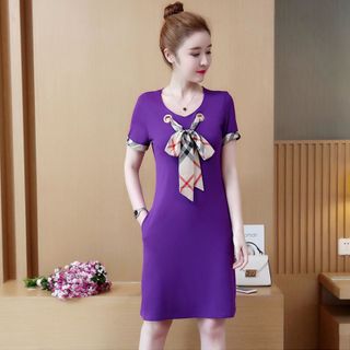 Đầm thun suông đỏ cột nơ viền tay