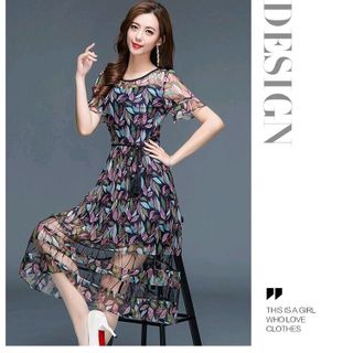 ĐẦM XÒE HOA CHÂN VÁY PHỐI REN KÈM DÂY THẮT EO