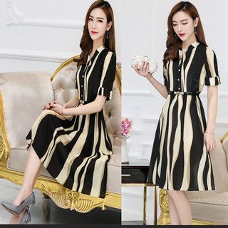 Đầm Xòe Phối Màu Cổ Trụ Tay Lỡ