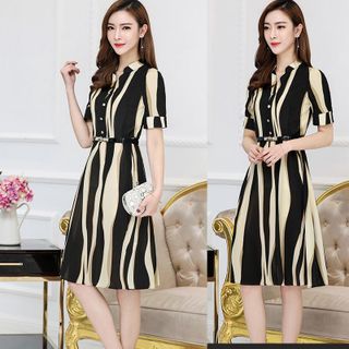 Đầm Xòe Phối Màu Cổ Trụ Tay Lỡ