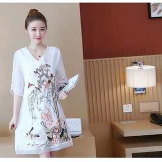 ĐẦM SUÔNG CHỮ A THÊU HỌA TIẾT PHONG CẢNH