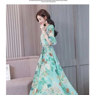 ĐẦM MAXI HOA CỔ TIM TAY LOE