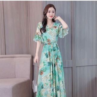 ĐẦM MAXI HOA CỔ TIM TAY LOE