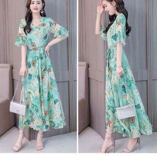 ĐẦM MAXI HOA CỔ TIM TAY LOE