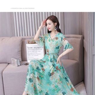 ĐẦM MAXI HOA CỔ TIM TAY LOE