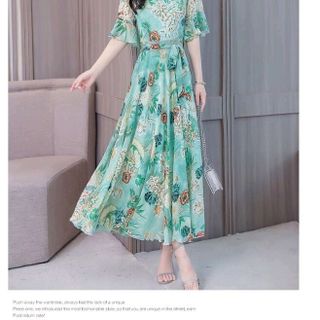 ĐẦM MAXI HOA CỔ TIM TAY LOE
