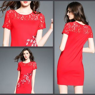 Khuyến Mãi Sale Đồng Gía 109k Đầm Đỏ Phối Ren In Cành Đào Form Rộng TP1569