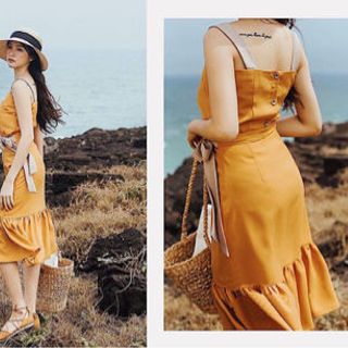 ĐẦM VÀNG THÊU HOA ĐUÔI CÁ