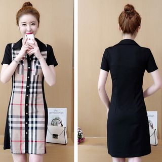 Đầm thun sơmi caro phối nút thời trang