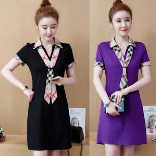 Đầm thun sơ mi đỏ đô viền tay kèm khăn rời cách điệu