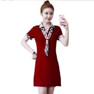 Đầm thun sơ mi đỏ đô viền tay kèm khăn rời cách điệu
