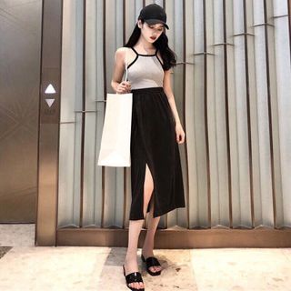Set áo thun dây yếm chân váy xẻ tà