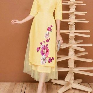 SET ÁO DÀI LỤA  THÊU HOA TAY PHỐI LƯỚI KÈM CHÂN VÁY1