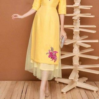 SET ÁO DÀI LỤA  THÊU HOA TAY PHỐI LƯỚI KÈM CHÂN VÁY1