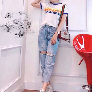 áo pull chữ color sọc cầu vồng