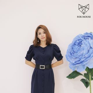 ĐẦM SƠ MI TAY NHÚN NÚT BỌC XANH