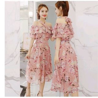 ĐẦM XÒE VOAN HOA TRỄ VAI DÂY NỎ CỘT 2 KIỂU