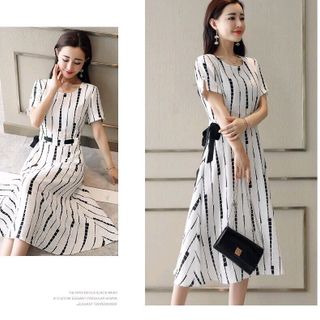 ĐẦM XÒE HỌA TIẾT EO THẮT DÂY NƠ