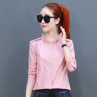 Áo Sơ Mi Hồng Phối Bèo Tay Dài Thời Trang