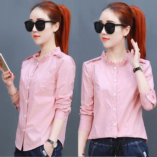 Áo Sơ Mi Hồng Phối Bèo Tay Dài Thời Trang