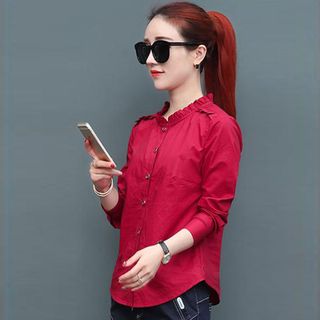 Áo Sơ Mi Hồng Phối Bèo Tay Dài Thời Trang
