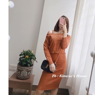 SET LEN đầm body áo len tay dài