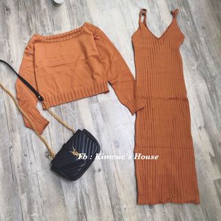 SET LEN đầm body áo len tay dài