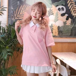 áo cổ bẻ khuy phối màu in tim