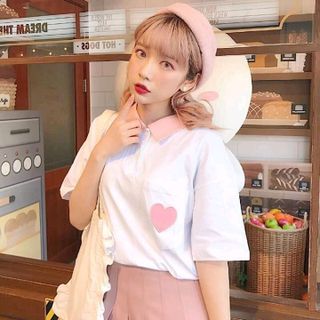 áo cổ bẻ khuy phối màu in tim