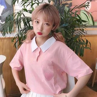 áo cổ bẻ khuy phối màu in tim