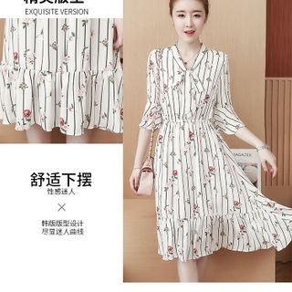 ĐẦM XÒE ĐUÔI CÁ TAY LOE CỘT NƠ IN SỌC HOA D1170