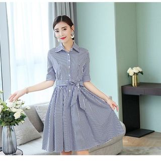 ĐẦM XÒE CỔ BẺ PHỐI SỌC CỘT EO D1184
