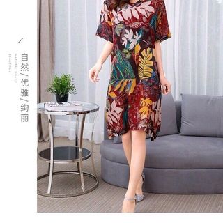 ĐẦM SUÔNG CỔ V HOẠ TIẾT LÁ