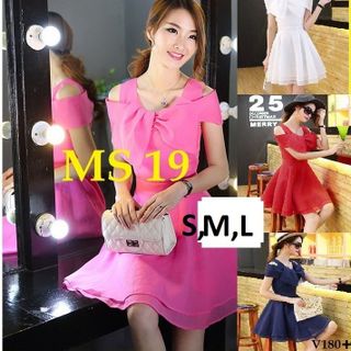 Đầm Xòe Rớt Vai Nơ Ngực