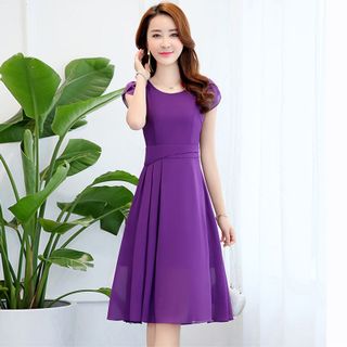 Đầm Xòe Voan Tím Tay Búp Duyên Dáng
