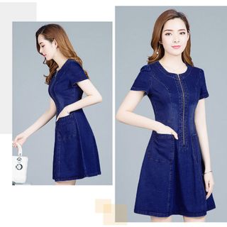 Đầm jean xuông phối túi dây kéo trước
